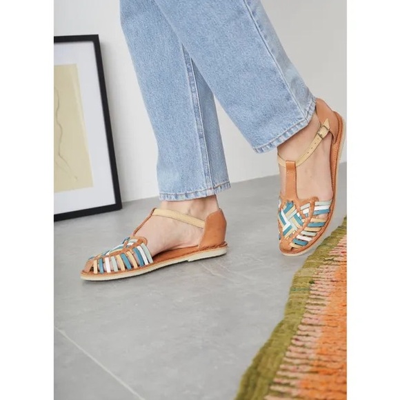 Leon & Harper Boho Genuine Leather Turquoise Sandals Earthy Goblincore Natural - Picture 2 of 6